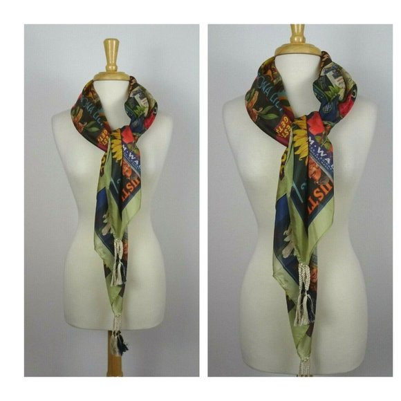New JOHNNY WAS Crate Silk Tassel Scarf Green Multicolor Colorful Print Floral - Picture 2 of 13